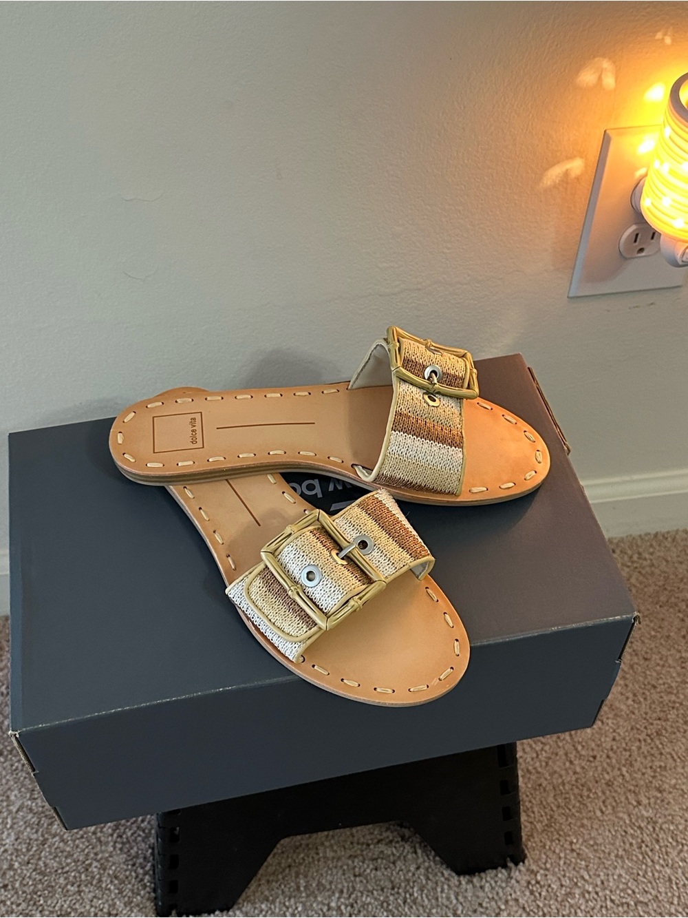 Dolce Vita Metallic Gold Striped Slide Sandals with Buckle Detail